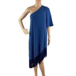 Trina Turk Gull Dress One Shoulder Fringe Hem Blue XS
